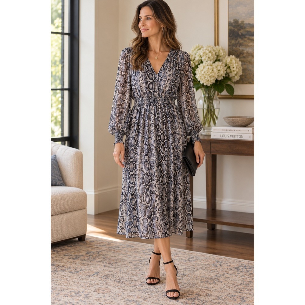 Rebecca Taylor 100% Silk Snake Print Dress Womens 8 Blue Gray Long Sleeve Midi